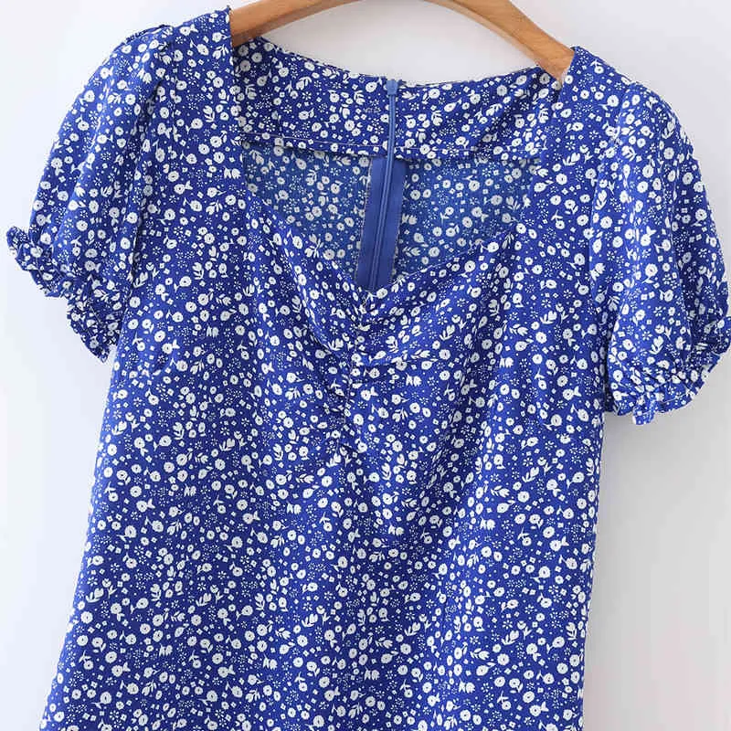 Söta kvinnor o nacke rak klänning sommar mode damer kinesisk stil kvinnlig blå tryckt 210515