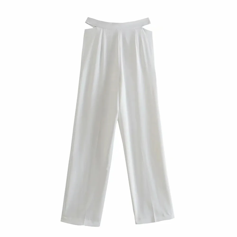 Senhoras moda cintura oco para fora calças brancas mulheres longas calças zíper terno feminino senhora senhora calças elegantes 210520