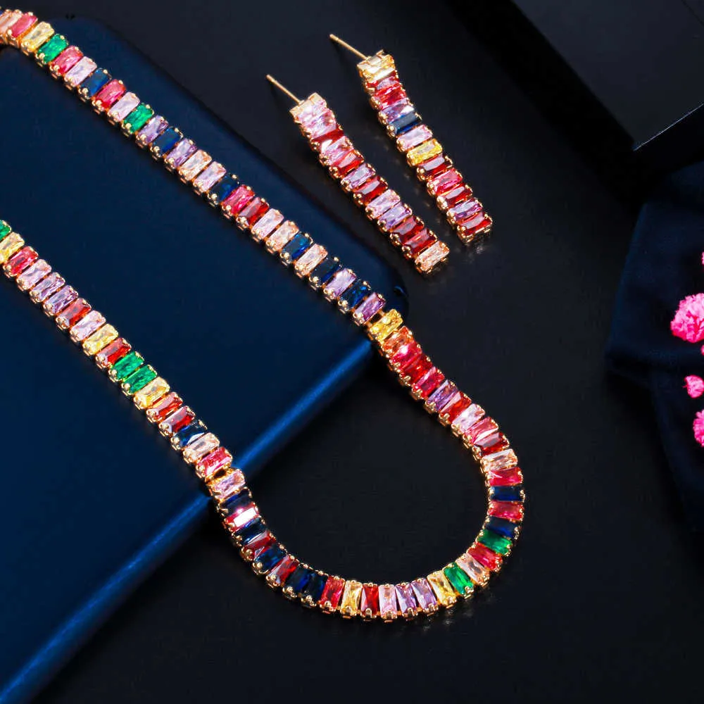 CWWZRIRS Multicolor Rainbow Rechthoek Cubic Zirconia Earring Ketting Sets Voor Dames Trendy Party Boho Kostuum Sieraden T521 H1022