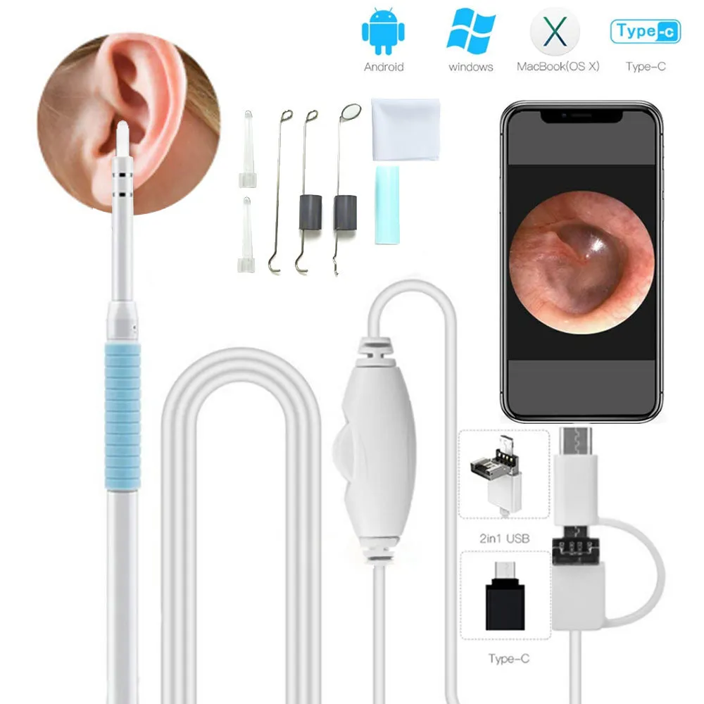 Endoscope de caméra de portée Android 55mm caméra d'oreille visuelle Endoscope de nez de bouche HD avec outil de nettoyage de cire Support PC 2106244721348