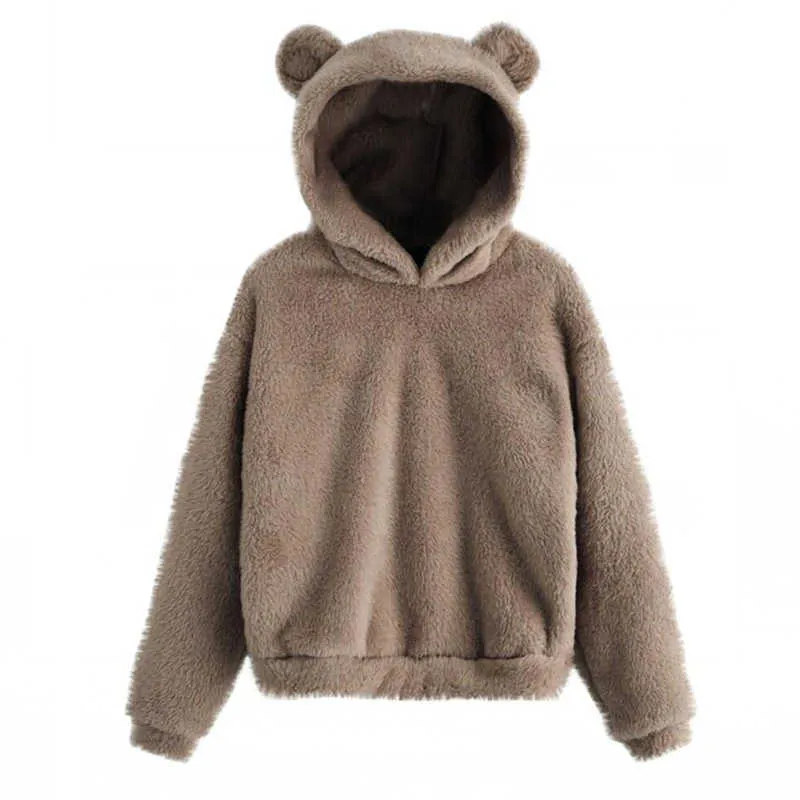Härlig fleece djur hoodie tröja långärmad varm björn öra hooded plysch hoody pullover lady vinter toppar 210809