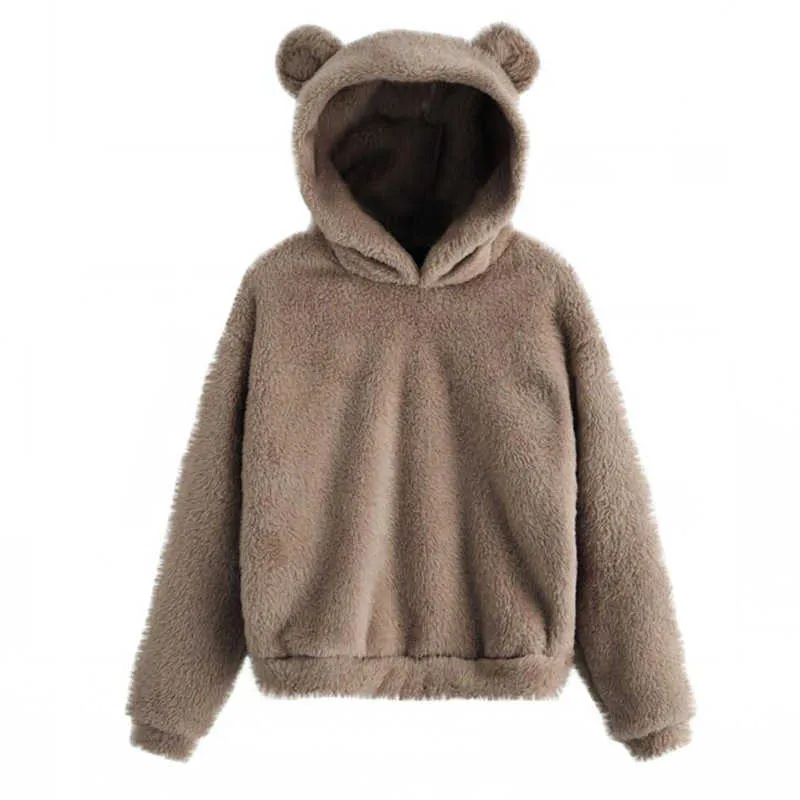 Mooie Fleece Animal Hoodie Sweatshirt Lange Mouw Warm Bear Ear Hooded Pluche Hoody Pullover Lady Winter Tops 210809