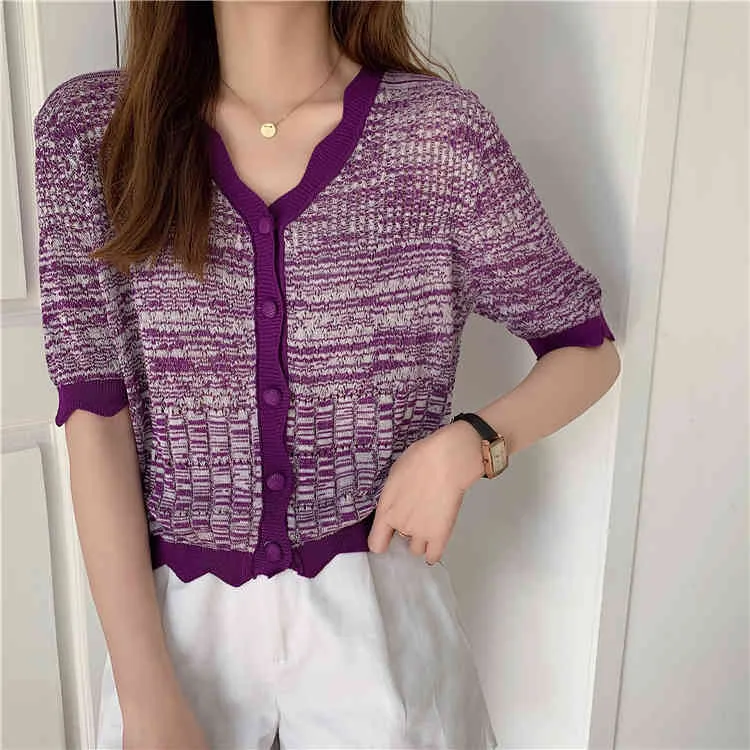 Hohl Gestrickte Strickjacke Frauen Sommer Kurzarm V-ausschnitt Einreiher Dünne Crop Tops Pullover Koreanische Mode Jumper 210513