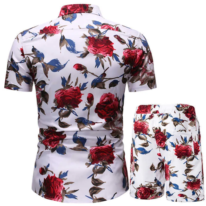 Mode Hawaiian Set Männer Blumen Drucken Kurzarm Taste Hemd Strand Shorts Sets Casual Sommer Streetwear Männlichen Anzug 2 Stück x0610