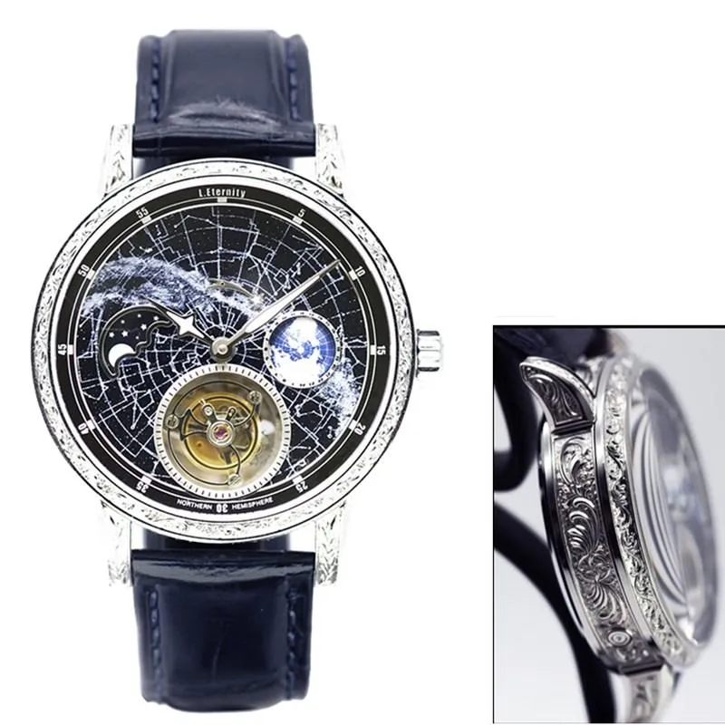 Universe Earth Tourbillon 남자 달 상 위상 슈퍼 빛나는 다이얼 스포츠 맨 자동 Toubillon 기계 시계 은하수 우주 WRIS288X