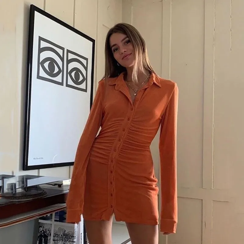 Women Solid Color Skinny Dress Vintage Long Sleeve Lapel Pleated Ruched One-piece Bodycon Mini 210429