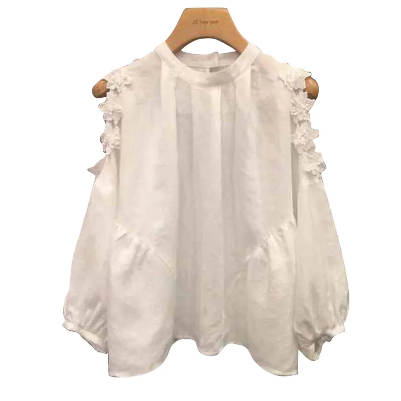 Spring Chic Off The Spalla Blouse Delle Donne Camicette Camicie in pizzo Gancio in pizzo Fiore Manica lunga Top Donna Tutte le partite Bianco Blusas Mujer 210514