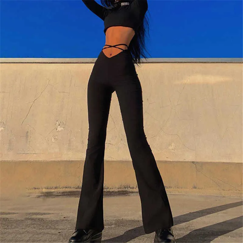 DRC Women High Waist Bodycon Long Pants Sexy Clubwear Black Lace Up Leggings 2021 Female Party Skinny Wide Leg Pants Ladies Q0801