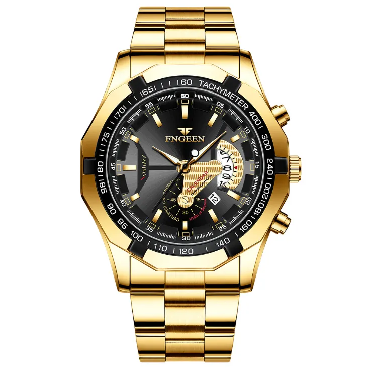 FNGEEN Marke Weiß Stahl Quarz Herren Uhren Kristall Glas Uhr Datum 44 MM Durchmesser Persönlichkeit Luxus Gold Stilvolle Leuchtende Busin270N