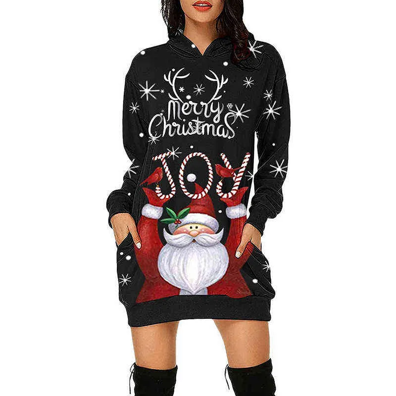 Femmes Casual À Manches Longues Hoodies Pull Robe Nouvelle Dame Robe De Soirée Pour La Mode De Noël Santa Claus Elk Impression Robe À Capuche Y1204