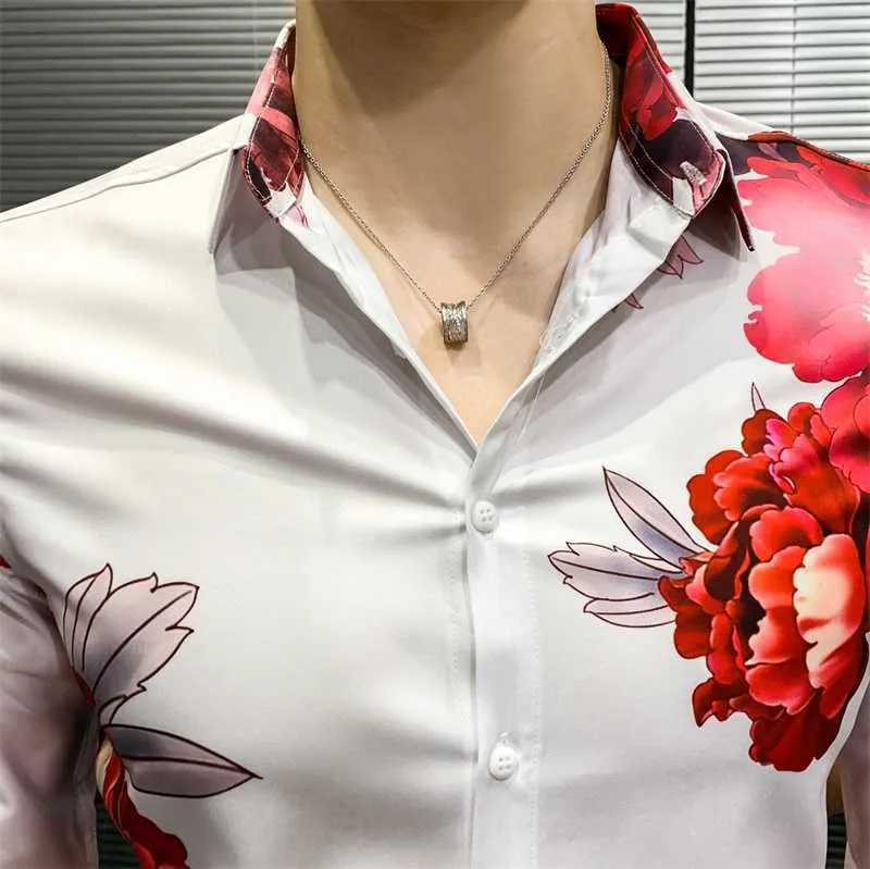 春の男性のシャツのアニメプリント長袖カジュアルシャツストリートウェアスリムフィット花ドレスシャツ男性服Camisa Masculina 210527