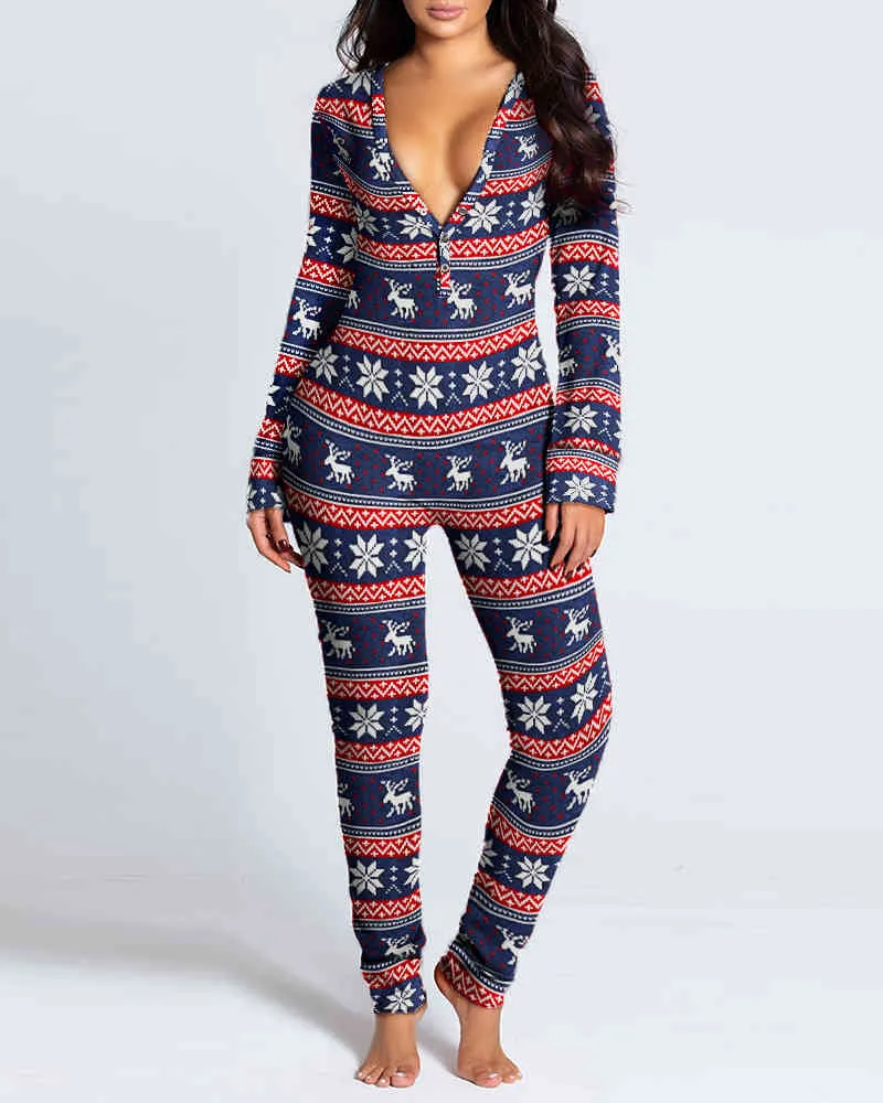 Neujahr Weihnachten Funktionelle geknöpfte Klappe gedruckt Erwachsene Pyjamas Anzug Damen Sleevewear abnehmbare Overalls 210415