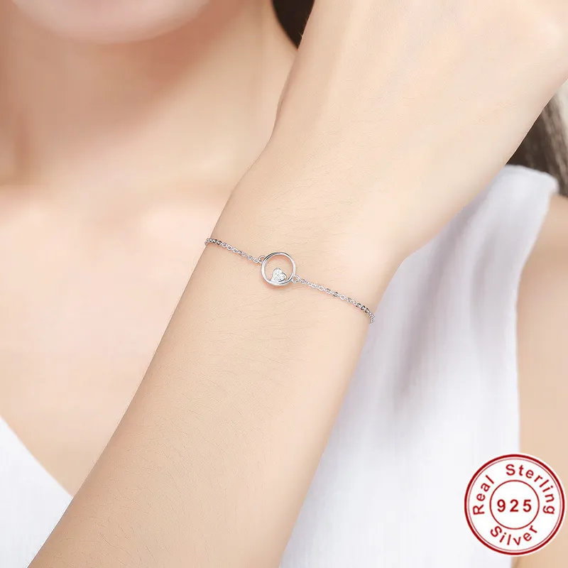 Véritable 925 Sterling Sweetheart Coeur En Cercle Chaîne Bracelets Pour Femmes De Luxe Authentique 925 Bijoux En Argent