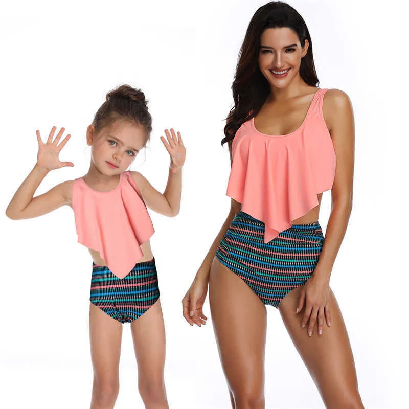 High Waist Bikini Swimsuit Mom and Daughter Swimwear Women Children Baby Kids Beach Matching Family Bathing Suits 210621