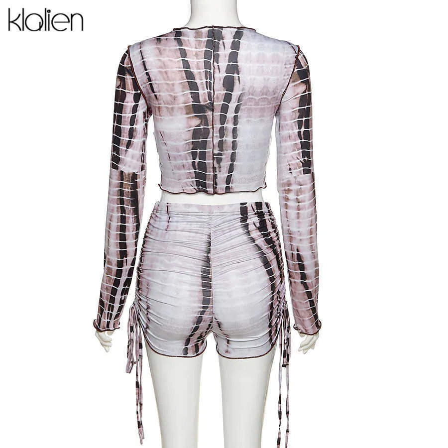 Klalien Mode Casual Streetwear T-shirt à manches longues et shorts de cordon 2 pièces Ensemble Femmes Slim Elastic Tie Dye Sport Costume 210721