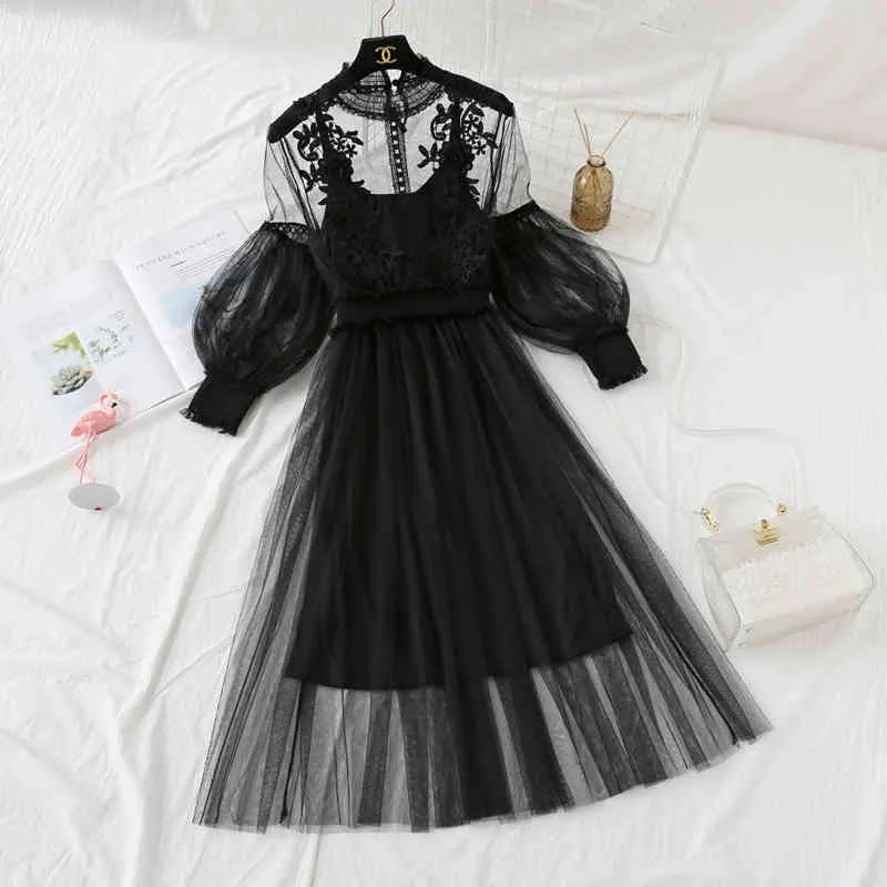 Women Fashion Dress Stand Collar Lantern Sleeve Mesh See-through Lace Embroidery Fairy Femme Vestidos Robe 11767 210427