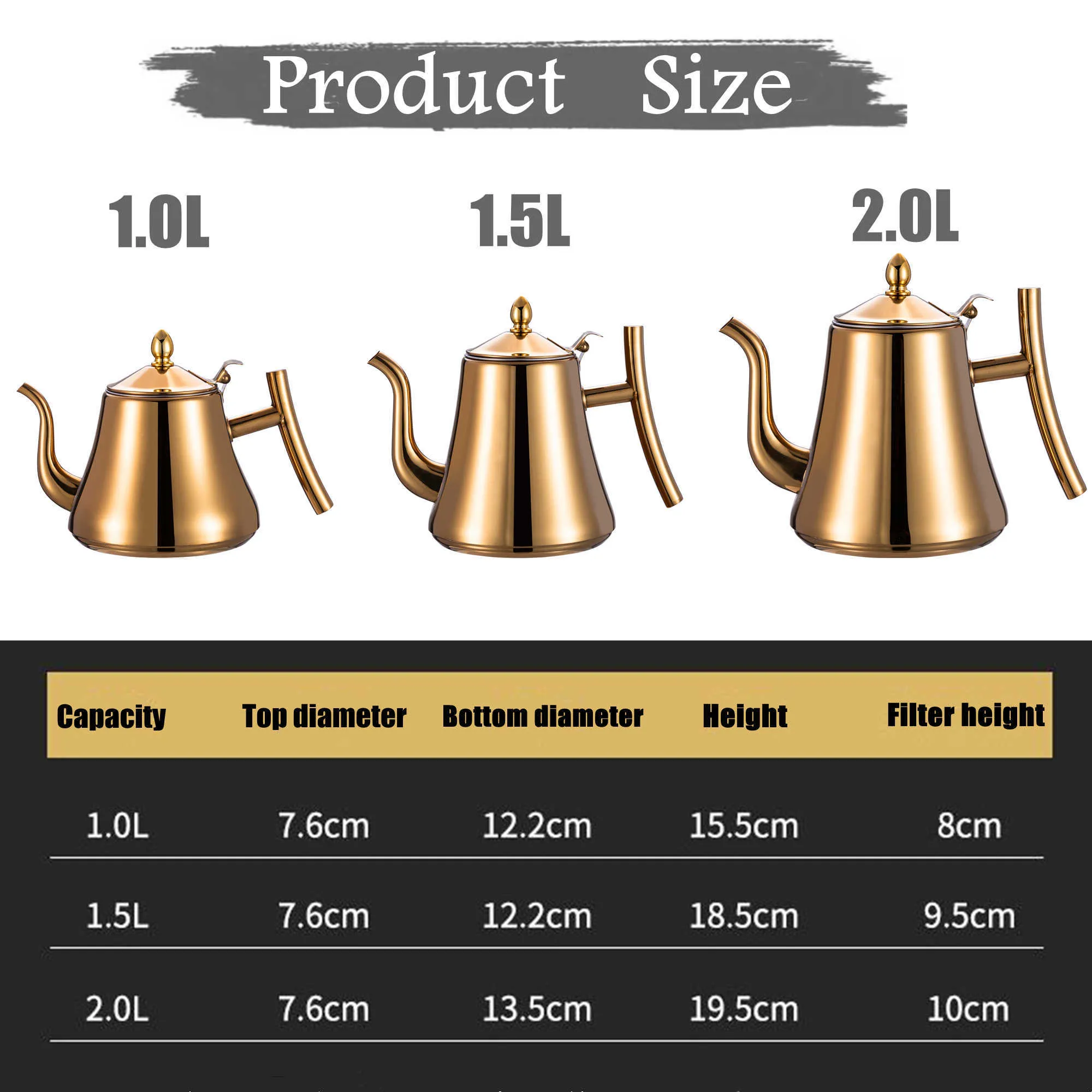 Stainless Steel Teapot, 1.0L/1.5L/2.0L Kettlewith Removable Infuser for Loose Flower Coffee Kettle Stovetop Safe 210621