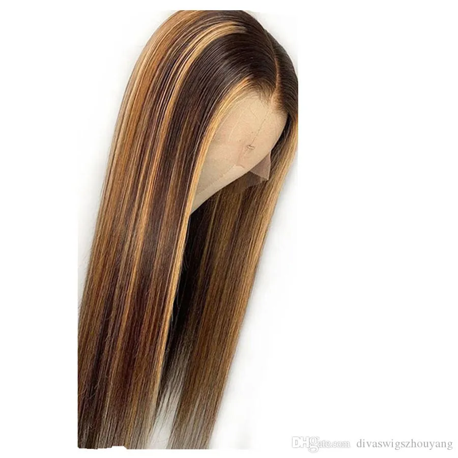 Ombre High Gloss Perücke braune Honigblondfarbe HD Gesamtspitze vordere menschliche Haar Perücke gerade Haare voll 360 Lace6810104