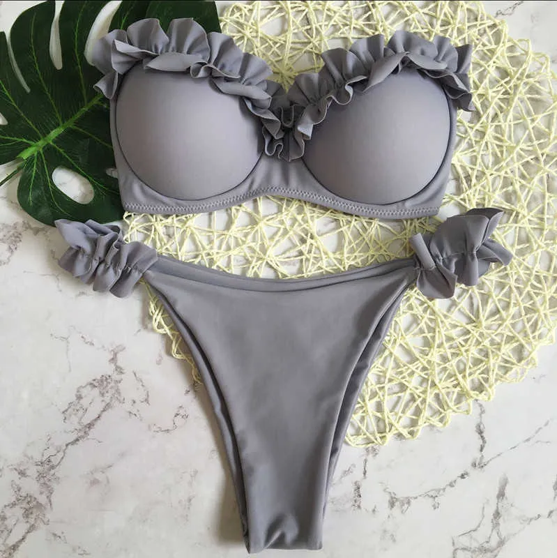 Padded Push Up Bikini Set Underwire Flower Ruffles Swimsuit For Women Sexy Solid Bandeau Female Bathing Suit Summer Biquini 210629