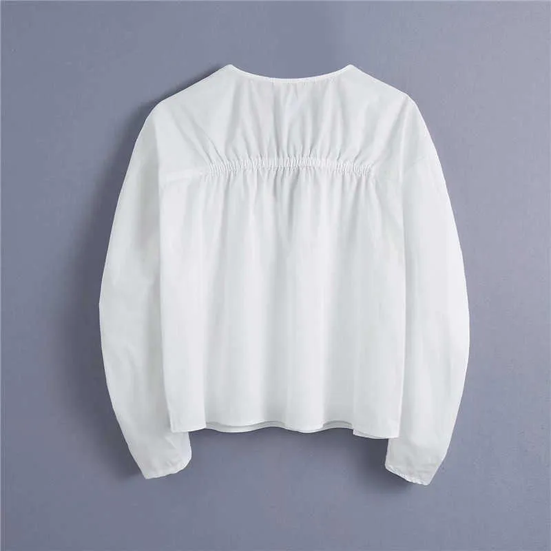 ZA White Long Puff Sleeve Ruched Blouse Dames V-hals Elastische Vintage Spring Shirts Vrouw Mode Gemonteerde Casual Top Blusas 210602