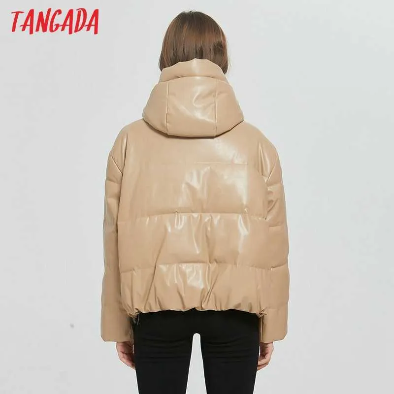 Tangada Winter Women khaki fur faux leather jacket coat oversized zipper Female Thick pu hooded Over 6A170-1 211013