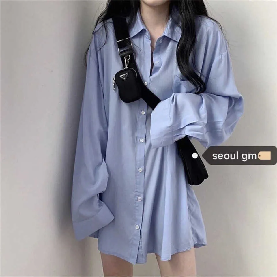 Aelegantmis Stile Coreano Casual Allentato Plus Size Camicetta Bianca Camicia Donna Primavera Accogliente Blu Femminile Oversize All Match 210607