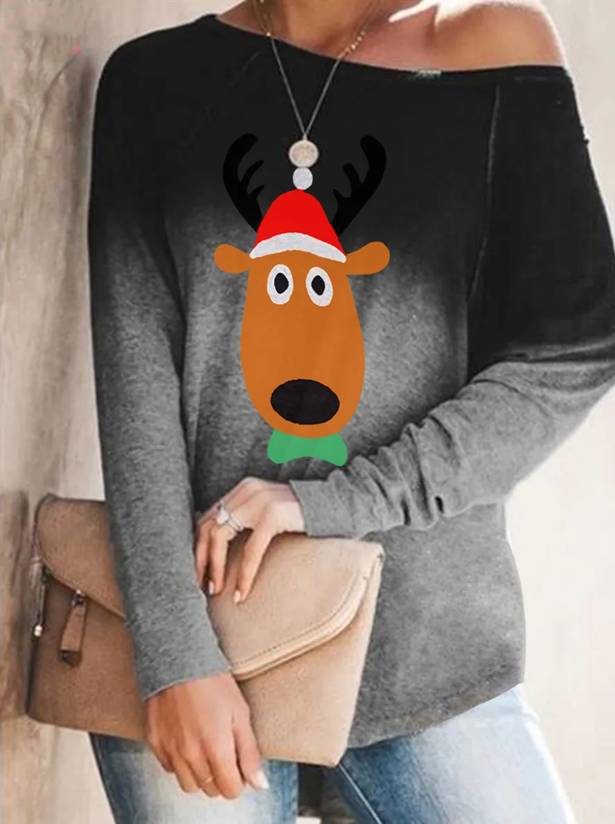 Elk de Noël Imprimer Femmes T-shirt Sexy Col Oblique À Manches Longues Gradient Pull Top Tee Automne Plus La Taille De Noël Tshirt Femme 210507