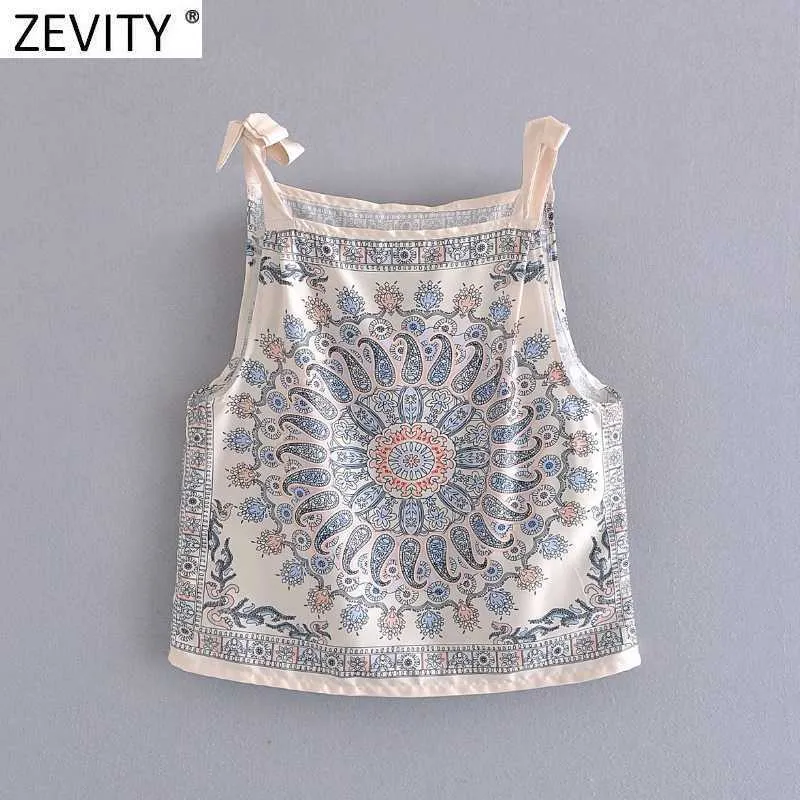 Zevity Women India Folkposition Totem Floral Print Chic Sling Camis Tank Damer Summer Bowknot Strap Vest Crop Tops LS9263 210603