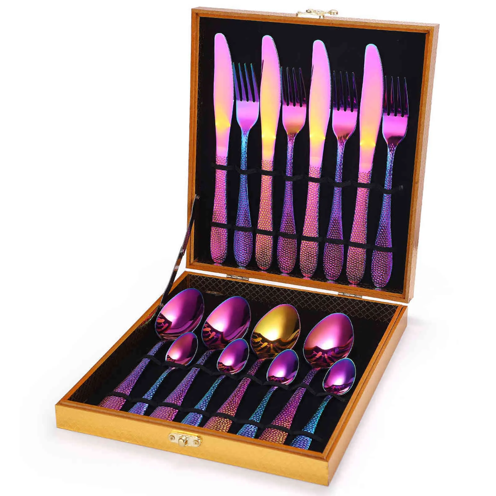 Golden Forks Skedar Knivar Set Rainbow Bestick Torteringsuppsättning 18/10 Rostfritt Stål Därken Middag Set Holiday Presentkasse 211112