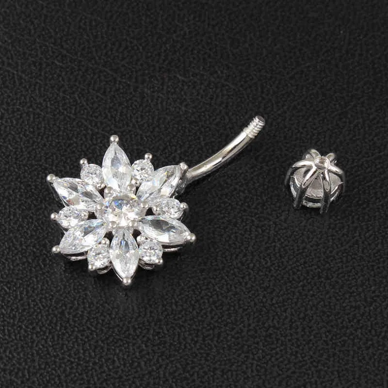 Belly Button Ring Real 925 Sterling Women Flower Zircon Clear Stones Jewelry Pure Silver Body Piercing