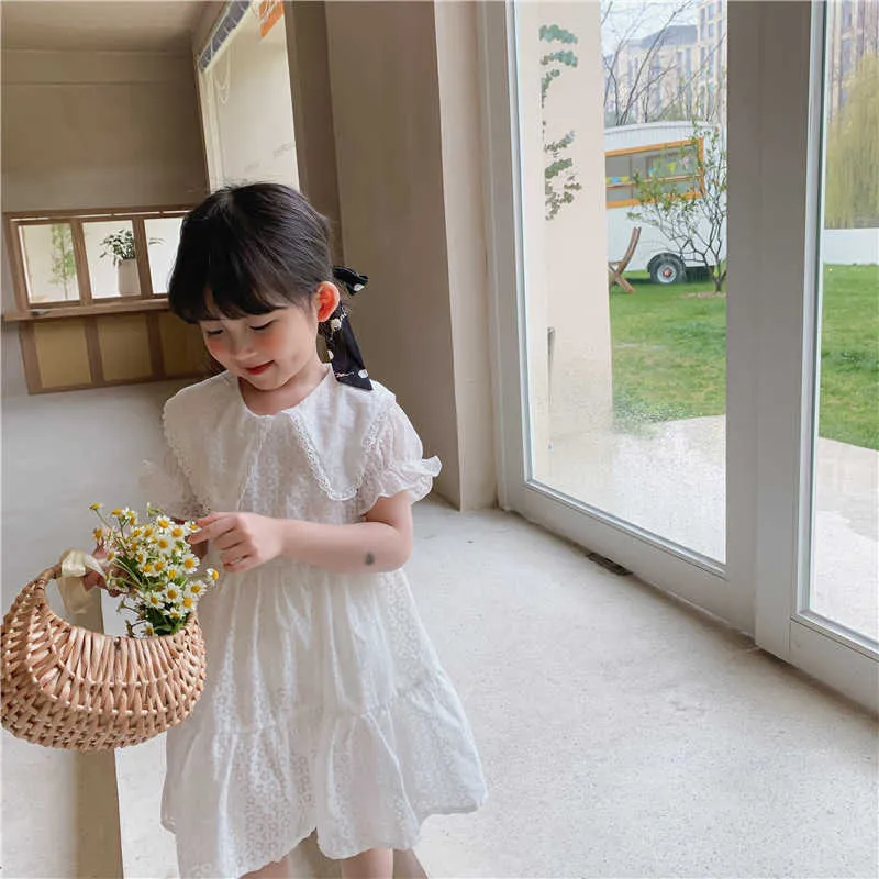 Fairy Toddle Girls Wide Collar Lace Blouse Dress for Barnkläder Härlig Vit Sommar Sundress Mode Outfit 210529