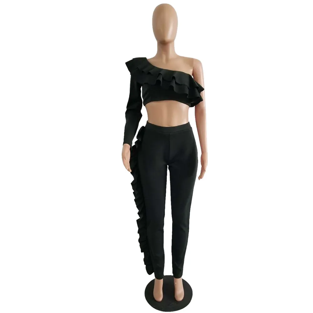 Splicing Auricle Asymmetrical Short Top Trousers Ruffled Sleeve One Shoulder Pencil Pants Ankle Length S-XL Fashion Arrival 210416