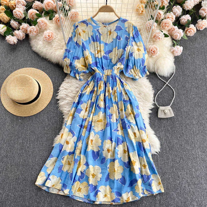 Frauen Schwarz/Blau/Grün Floral Gedruckt Midi Kleid Böhmischen Elegante Rundhals Kurze Puff Sleeve Urlaub Strand Vestidos sommer Y0603