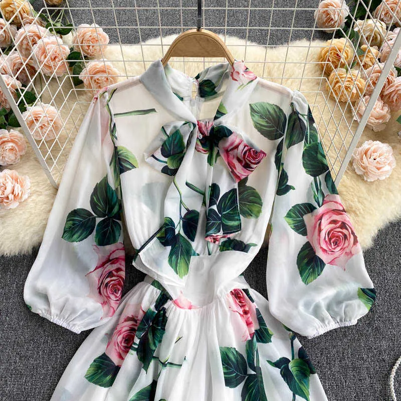 White Floral Printed Long Dress Women Bow Collar Puff Sleeve A-Line Chiffon Vestidos Spring Autumn Casual Robe Female 2021 New Y0603