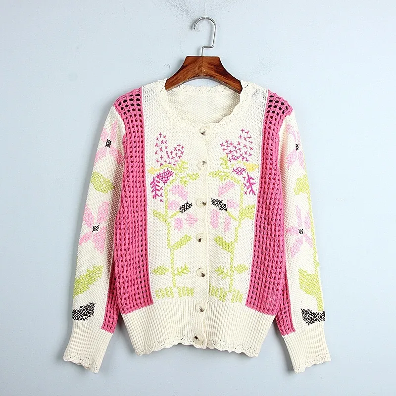 Cardigan Automne Hiver Fleur Broderie Mignon Chaud Long Pull Veste Piste Vintage Tricot Jumper Fshion 210421