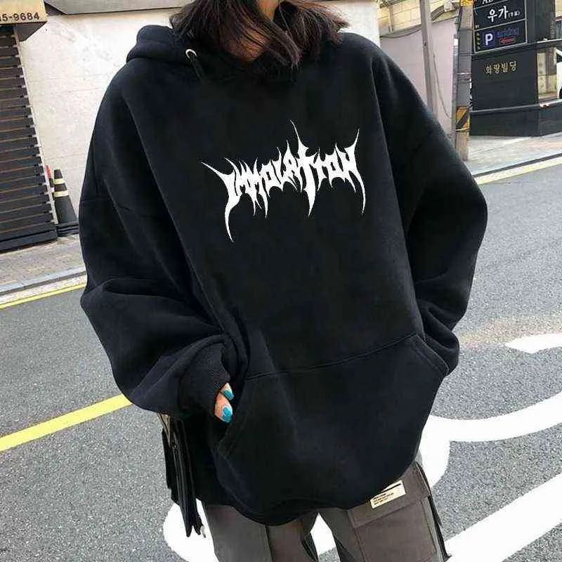 Harajuku Sweatshirts Ladies Warm Gothic Streetwear Punk Women Hoodies Horror Fashionable Casual Simple Letter Printing Hoodied 211109