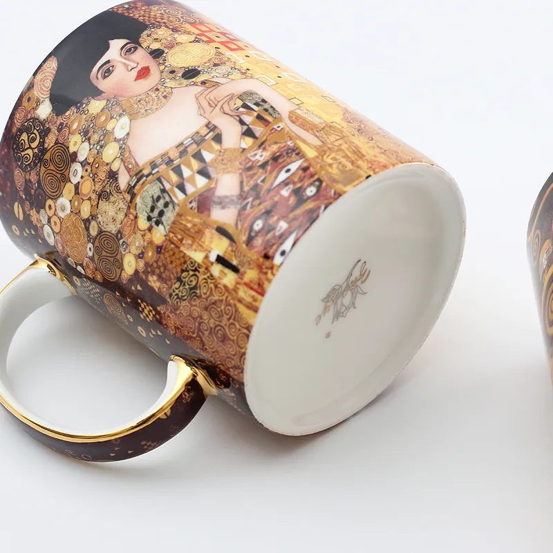 Klimt beijo porcelian canecas xícaras de café com colher gustav klimt osso china presente de aniversário de casamento escritório drinkware 220224