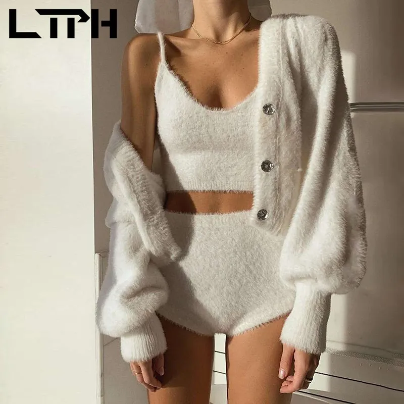 StayHome Style Sweet White Mohair Camisole Top Lazy Loose Outerwear Women Set Casual Short Outfits Spring 210427