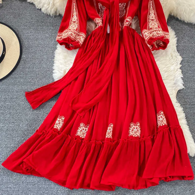 Böhmische Weiß / Gelb / Rot Gestickte Kleid Frauen Schal Kragen Hauch Langarm Elegante Hohe Taille Vestidos 2021 Weibliche Robe NEUER Y0603