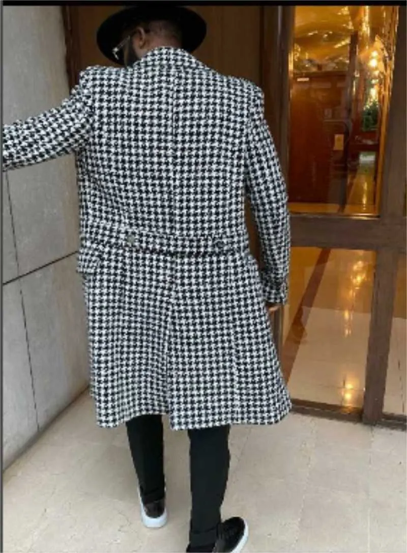 Houndstooth Design Män Passar Formell Casual Customized Fit Party Long Coat Real Image Handsome Dubbelbröst Jacka X0909