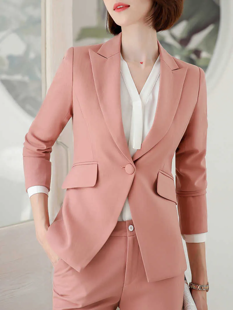 Professional women's suit office pants slim single button pink blazer and wild trousers two-piece Trendy Skirt Set 210527