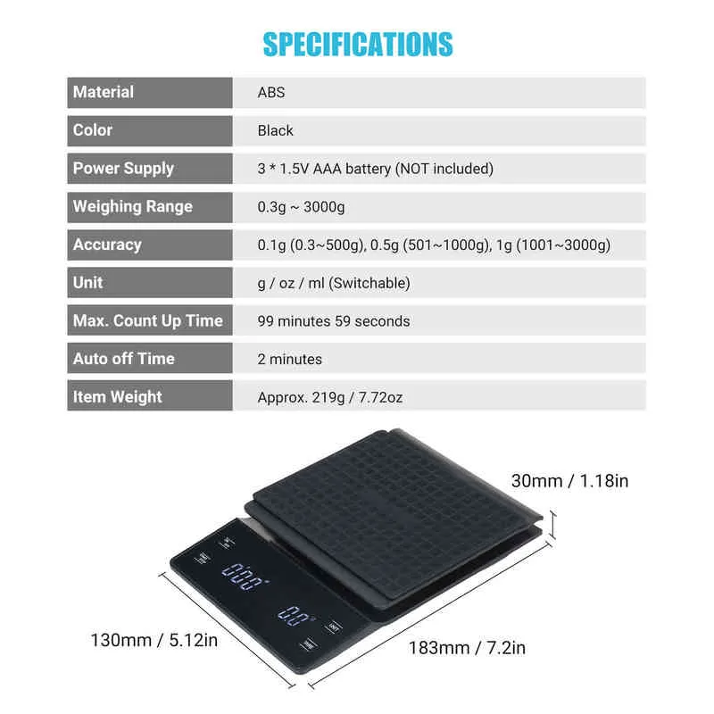 0,3 g ~ 3000g hög precision digital skala med vattentät yta elektronisk skala LED-display med bakgrundsbelysning Hälsoövervakning H1229