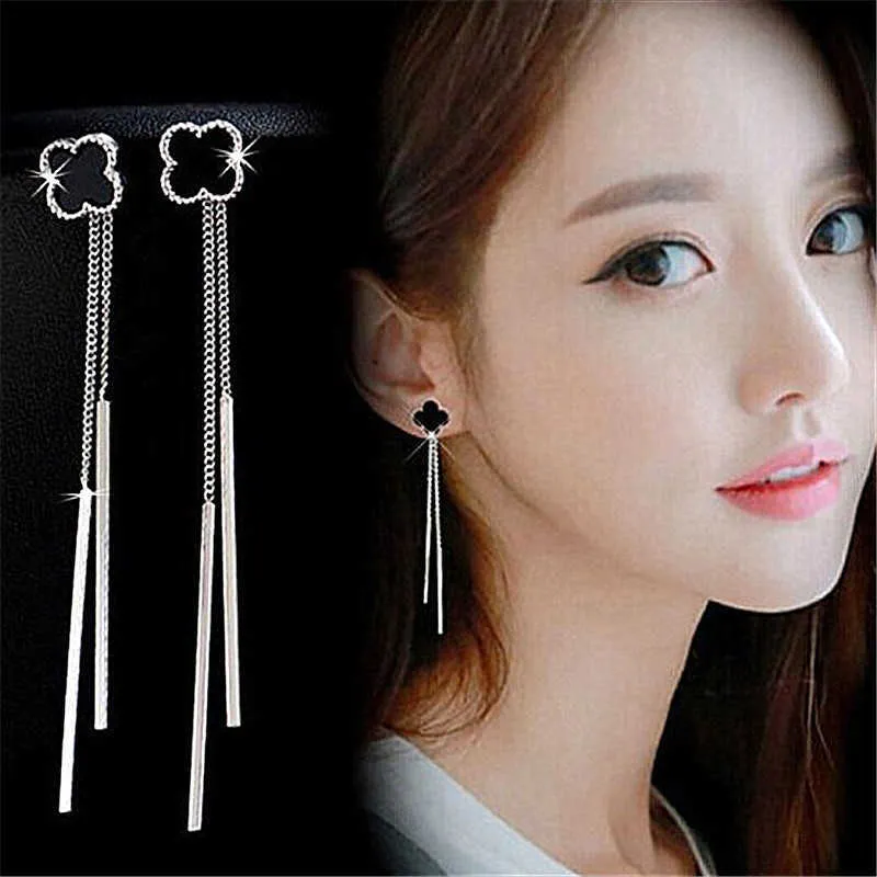 Womens Earrings Dangle crystal silver plated lucky grass long leaf simple TASSEL EAR line drop style