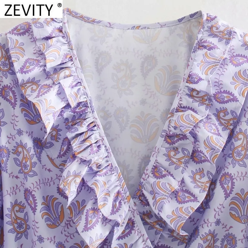 Femmes Sweet Cashew Nut Print Purple Couleur Casual Slim A Line Robe Femme Col V Plissé Volants Chic Kimono Robe DS8301 210420