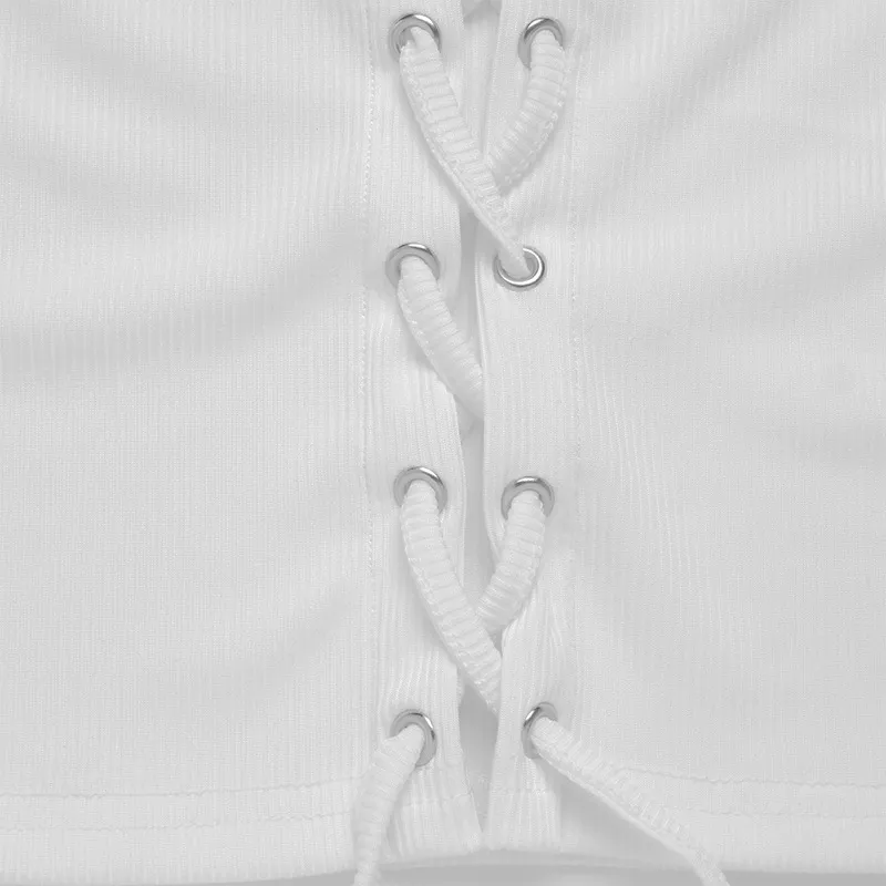 Oco para fora Lace Up Ribbing Camisetas Para Mulher Casual Puro High Streetwear Sexy Bodycon Bodycon Crop Top 210518