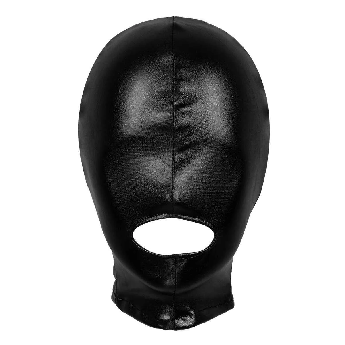 Seksi Unisex Erkek Kadın Cosplay Yüz Maske Başlığı Rol Oyun Kostümü Lateks Parlak Metalik Açık Ağız Deliği Headgear Tam Yüz Maskesi Q0317D