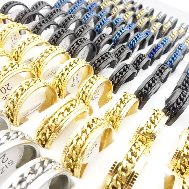 Whole Stainless Steel Spin Band Rings Rotatable 316L Titanium Chains Spinner Opener Fashion Jewelry Party Favor Gift2747