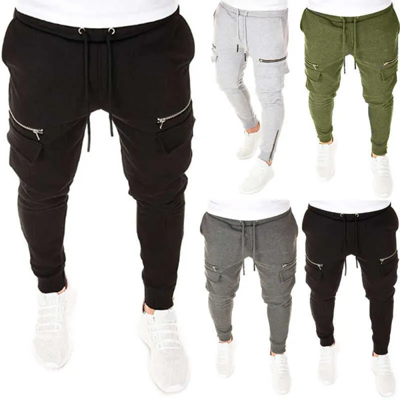 Joggers Erkekler için Jogging Pantolon Sweatpants Moda Zip Up Cepler Rahat Slim Fit Uzun Pantolon Spor 210715