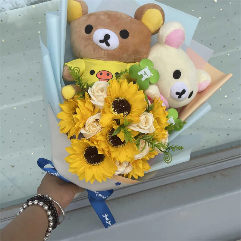 Cute Flower Bouquet Teddy Bear Stuffed Animal Plush Toy Cartoon Gift Box Creative Birthday Graduation Christmas Gifts H0824