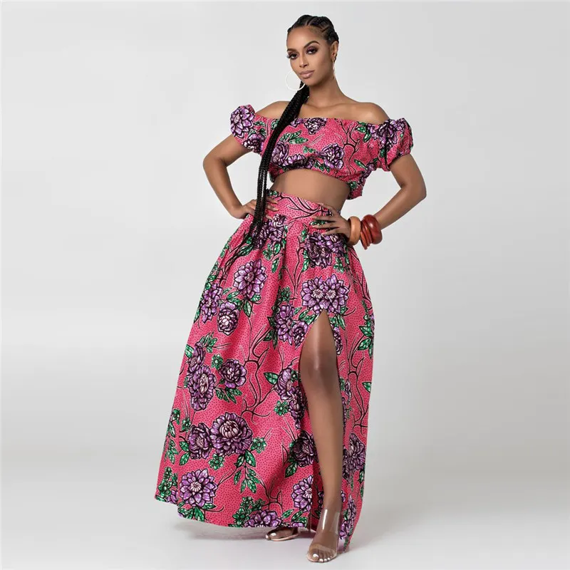 Isarose Lady 2 peças Sets Sexy High Slit Africano Maxi Vestido Conjunto para Mulheres Slash Pescoço Suff Manve Rich Bazin Party Club Wear 210422